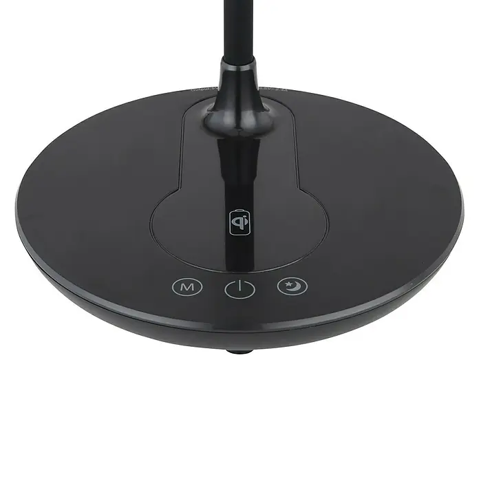 Globo LED-Tischleuchte Regina - 6 W, L x B x H: 33 x 17 x 54 cm, Schwarz, Warmweiß - Nahaufnahme einer eleganten schwarzen Schreibtischlampe mit einem runden Sockel und Tasten für verschiedene Funktionen.