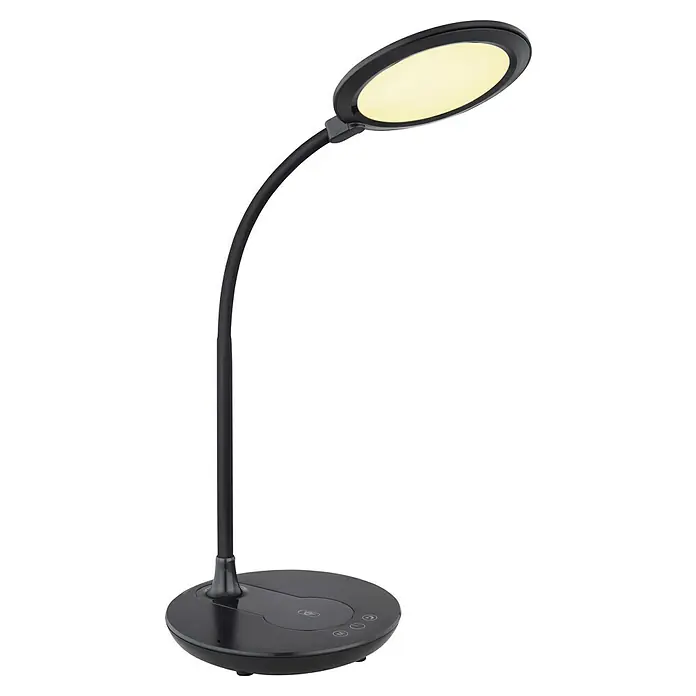 Globo LED-Tischleuchte Regina - 6 W, L x B x H: 33 x 17 x 54 cm, Schwarz, Warmweiß - Moderne LED-Schreibtischlampe in Schwarz mit Touch-Bedienung und kreisförmigem Leuchtkopf für eine optimale Ausleuchtung des Arbeitsplatzes.