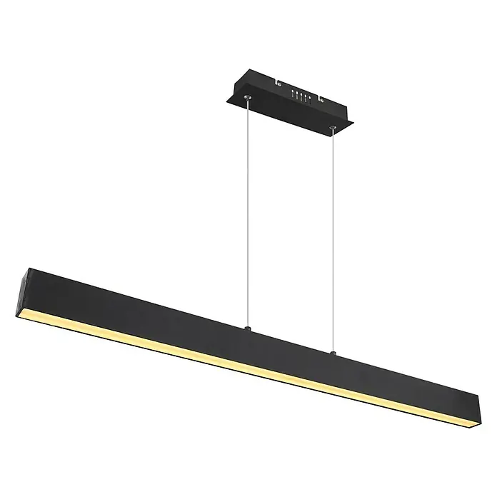 Globo LED-Pendelleuchte - L x B x H: 121 x 8 x 120 cm - Das Bild zeigt eine moderne, längliche LED-Hängeleuchte in Schwarz, die von der Decke hängt. Das Licht ist warm und sorgt für eine angenehme Atmosphäre.