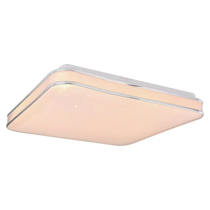 Globo LED-Deckenleuchte Lassy - 24 W, L x B x H: 33,5 x 33,5 x 7,3 cm, Weiß, Opal, Warmweiß - Moderne LED-Deckenleuchte mit Sterneneffekt. Die Lampe ist quadratisch mit abgerundeten Ecken und einem silbernen Rahmen.