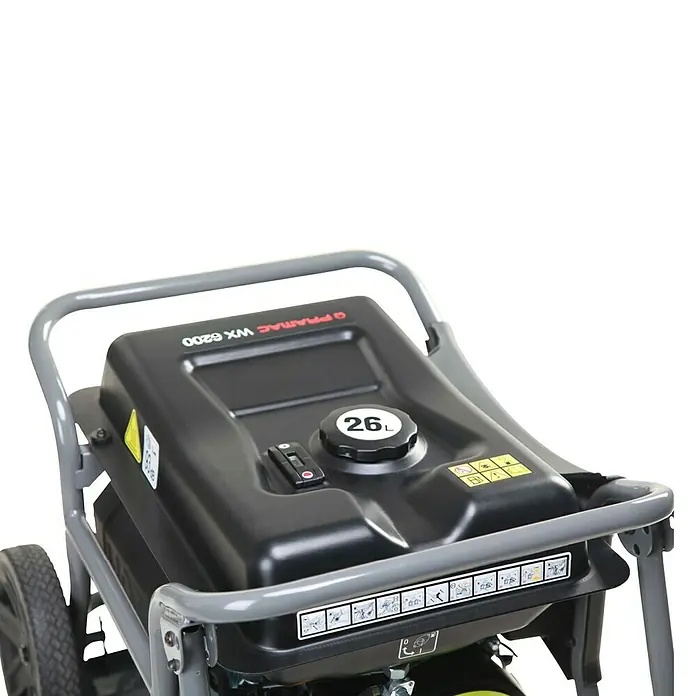 Pramac Generador WX6200 - 5,3 kW, Volumen del depósito: 26 l - Primer plano de un generador Pramac WX 6200, con un tanque de 26L y un marco gris.