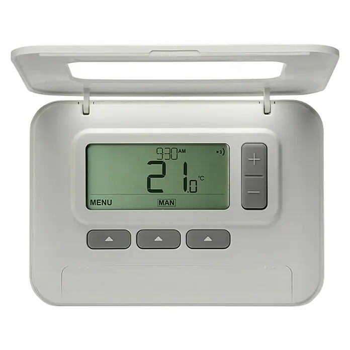 Honeywell Termostato inalámbrico Y3C710RFEU - Tensión: 230 V, Blanco - Imagen de un termostato electrónico blanco con la tapa abierta, que muestra 21 grados Celsius y en modo manual.