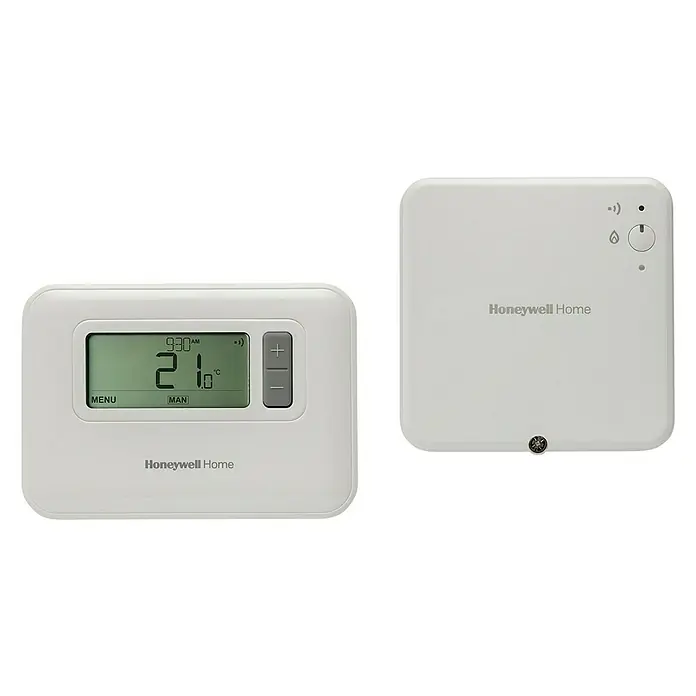 Honeywell Termostato inalámbrico Y3C710RFEU - Tensión: 230 V, Blanco - Primer plano de un termostato Honeywell Home, que muestra una temperatura de 21,0°C.