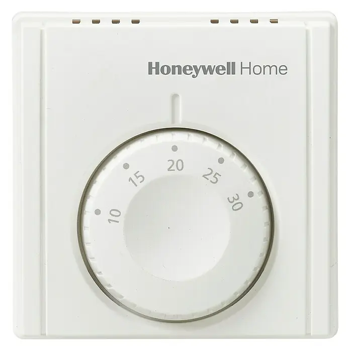 Honeywell Termostato interior THR830TEU - Tensión: 230 V, Blanco, 35 x 83 x 83 mm - Primer plano de un termostato Honeywell Home blanco con un dial ajustado a 20 grados Celsius, utilizado para la regulación de la temperatura.
