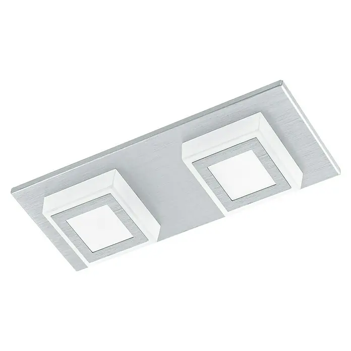 Eglo LED-Deckenleuchte MASIANO - 6,6 W, L x B x H: 25 x 10 x 5 cm, Alu-gebürstet, Warmweiß - Moderne Deckenleuchte mit zwei quadratischen LED-Spots auf einer silbernen Platte. Ideal für stilvolle Beleuchtung im Innenbereich.