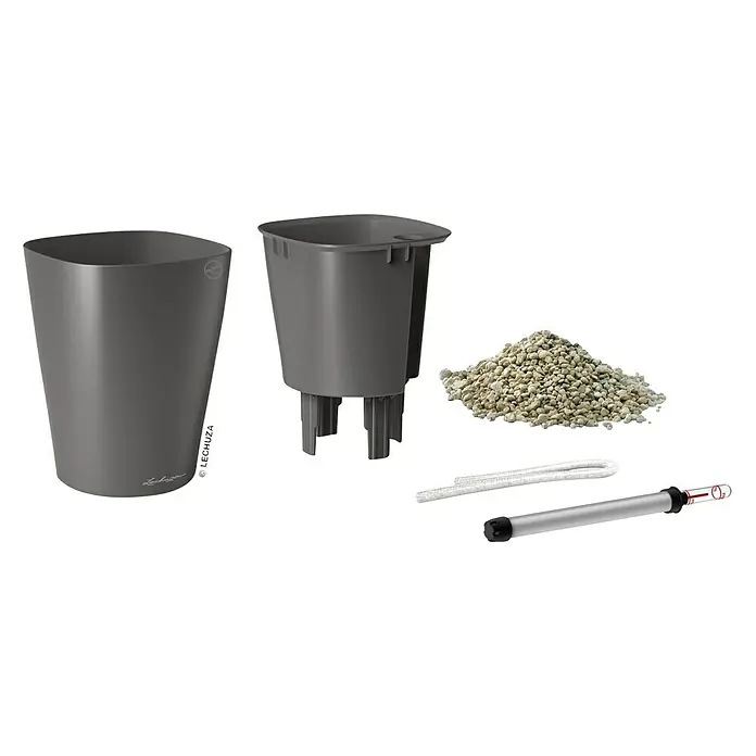 Lechuza Pflanztopf Mini-Deltini - Außenmaß (Ø x H): 15 x 19 cm, Kunststoff, Anthrazit - Produktansicht eines LECHUZA-Topfsets mit Einsatz, Substrat, Wasserstandsanzeiger und Bewässerungsdocht für ein optimales Pflanzenwachstum.