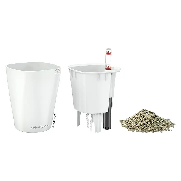 Lechuza Pflanztopf Mini-Deltini - Außenmaß (Ø x H): 10 x 13 cm, Kunststoff, Weiß - Nahaufnahme eines Lechuza-Pflanzgefäßsets, das einen weißen Topf, einen Einsatz, einen Wasserstandsanzeiger und ein Substrat für Pflanzen enthält.