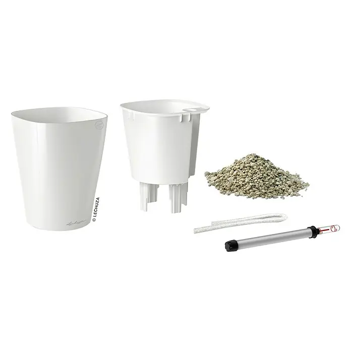 Lechuza Pflanztopf Mini-Deltini - Außenmaß (Ø x H): 15 x 19 cm, Kunststoff, Weiß - Bild eines Lechuza Blumentopf-Sets, das alle für die Bepflanzung benötigten Teile wie Erde, Innentopf und Wasserstandsanzeiger enthält.