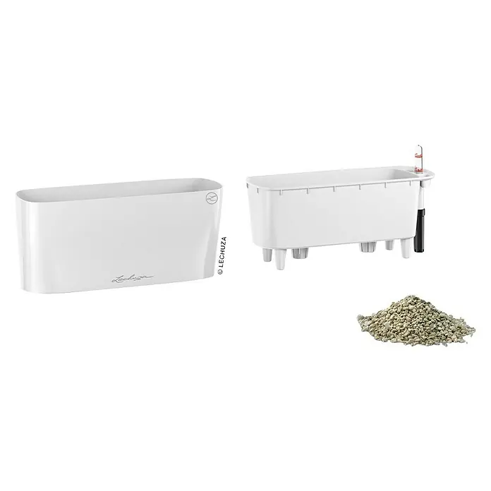 Lechuza Pflanzkasten Delta - Außenmaß (L x B x H): 30 x 11 x 13 cm, Kunststoff, Weiß - Das Bild zeigt einen weißen LECHUZA-Pflanzkasten mit Bewässerungssystem und Substrat, ideal für Zimmerpflanzen.