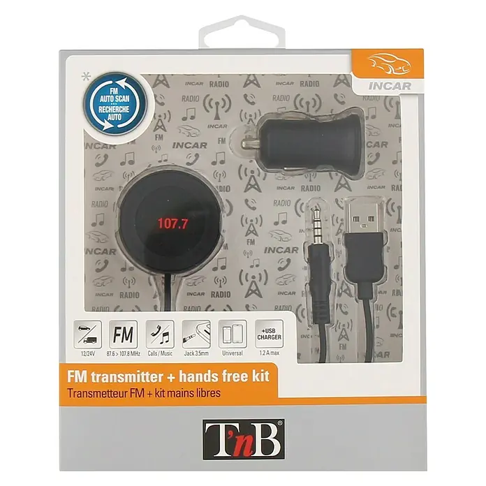 T'nB Kit manos libres con cable Jack - Frecuencia: 50 Hz - 16 Hz - Kit transmisor FM: manos libres, cargador USB y AUX. Ideal para música y llamadas en el coche, con escaneo automático.