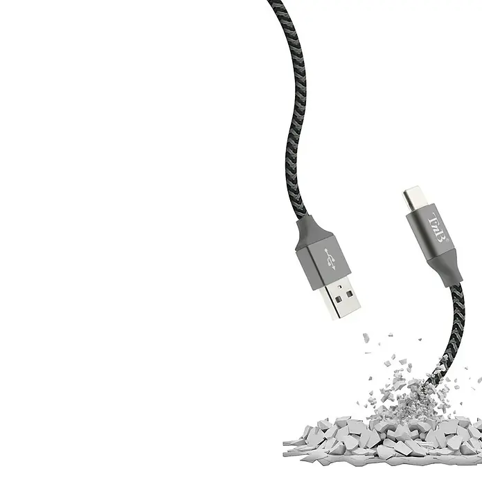 T'nB Cable USB - Largo: 3 m, Conexión USB-C - Imagen de un cable USB trenzado resistente con conectores USB-A y USB-C, que sugiere fuerza y durabilidad.