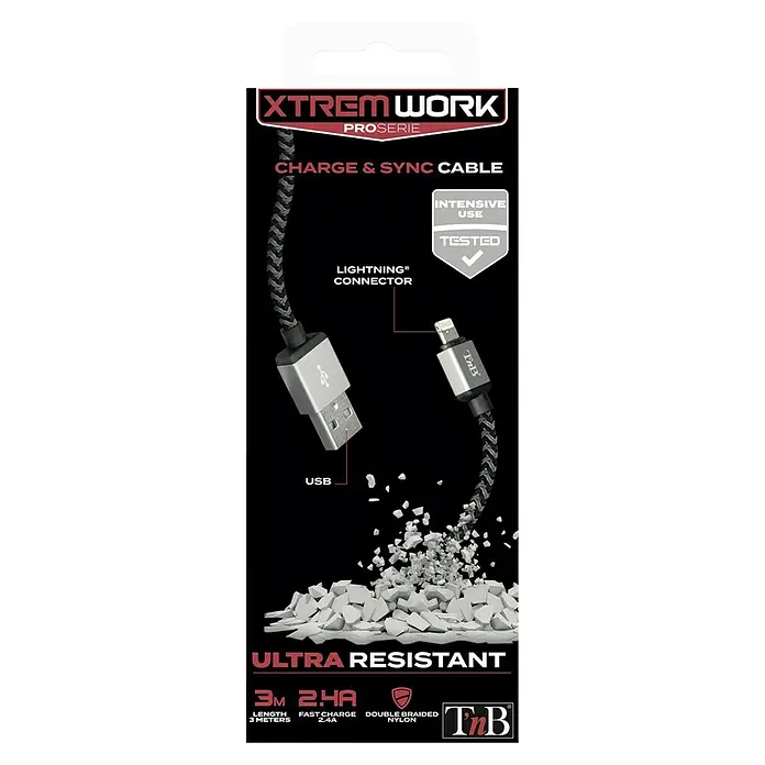 T'nB Cable USB - Largo: 3 m - Imagen de un cable de carga y sincronización XTREM WORK Pro Series con conector lightning y puerto USB, ultra resistente.