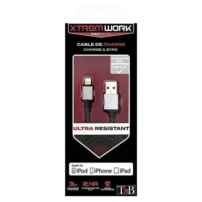 T'nB Cable USB - Largo: 3 m - La imagen muestra el embalaje de un cable de carga XTREM WORK Pro Series, compatible con dispositivos Apple como iPod, iPhone y iPad.