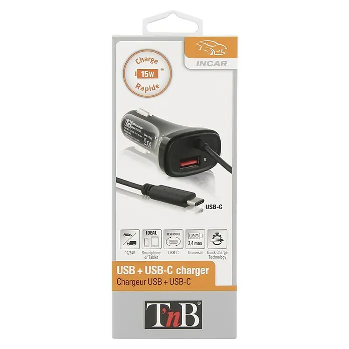 T'nB Cargador rápido - Negro, 2 conexiones USB - Imagen de un cargador USB y USB-C de T'nB con una potencia de carga de 15 W para teléfonos inteligentes o tabletas en el coche.
