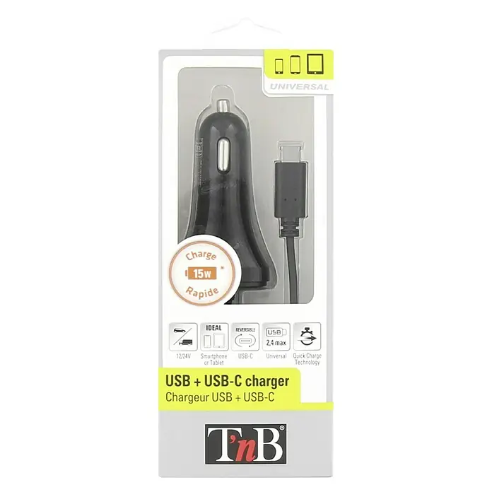 T'nB Cargador rápido - Negro, 2 conexiones USB - Embalaje de un cargador de coche USB y USB-C negro de TnB, con tecnología de carga rápida y potencia de carga de 15 W para smartphones o tablets.