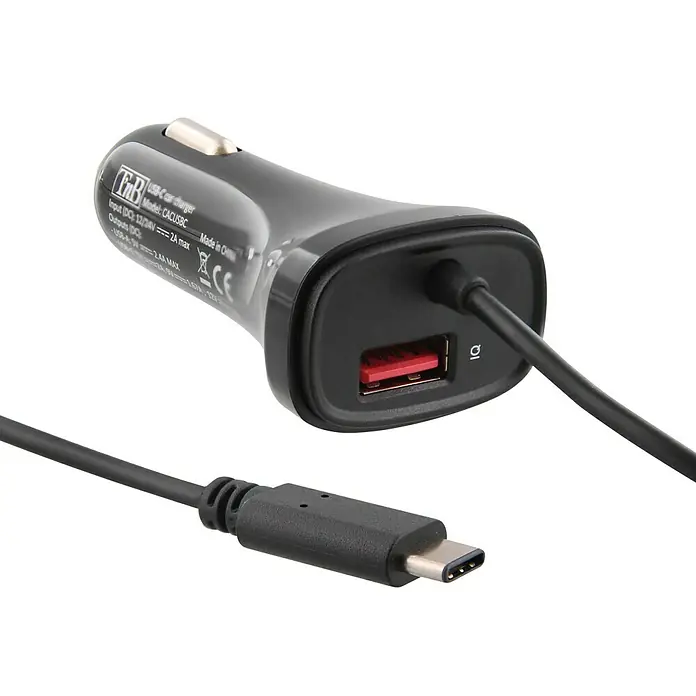 T'nB Cargador rápido - Negro, 2 conexiones USB - Cargador de coche USB-C negro con puerto USB-A y cable USB-C. Para cargar dispositivos en el coche.