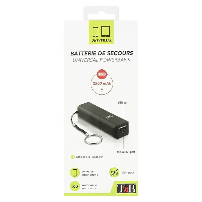 T'nB Cargador rápido PBUC2500BK - Negro, 1 x Micro USB - Imagen de una batería externa universal negra "T'n'B" de 2500 mAh, con puertos USB y Micro USB.