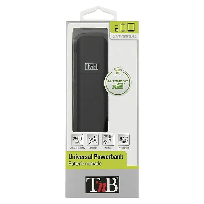 T'nB Cargador rápido PBUC2500BK - Negro, 1 x Micro USB - Imagen de un cargador TnB Universal Powerbank con 2500 mAh, diseño compacto, llavero y funcionalidad listo para usar.