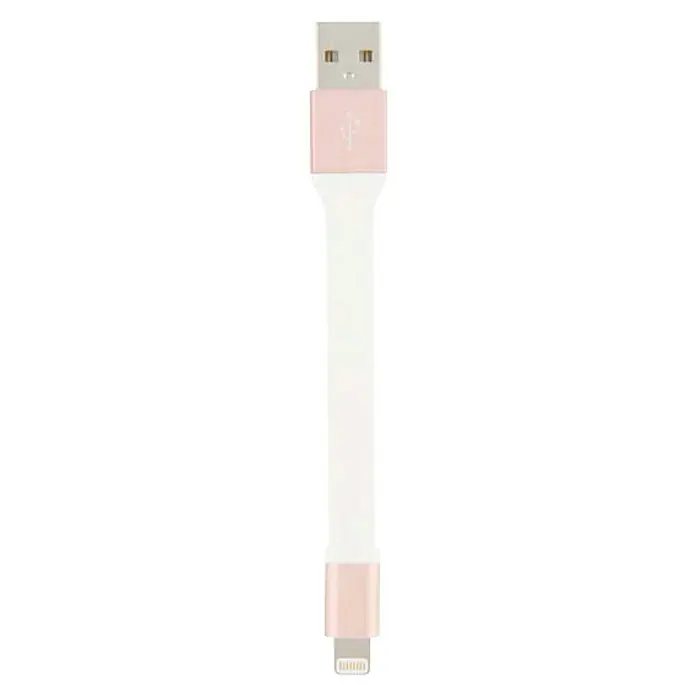 T'nB Cable USB Lighting - Largo: 10 cm, Llavero - Primer plano de un cable de carga blanco y corto con un conector USB y un conector Lightning, ambos con detalles en oro rosa.