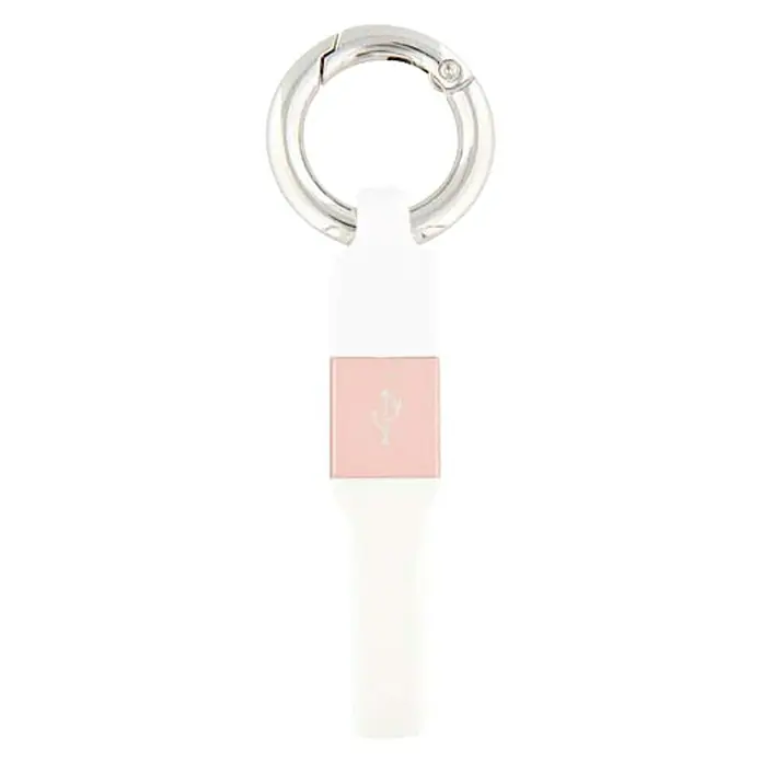 T'nB Cable USB Lighting - Largo: 10 cm, Llavero - Primer plano de un adaptador USB blanco portátil con clip de mosquetón plateado. El dispositivo presenta un acento rosa en la sección central.