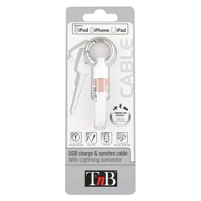 T'nB Cable USB Lighting - Largo: 10 cm, Llavero - Embalaje de un cable USB de carga y sincronización con conector Lightning en forma de llavero, marca TnB.