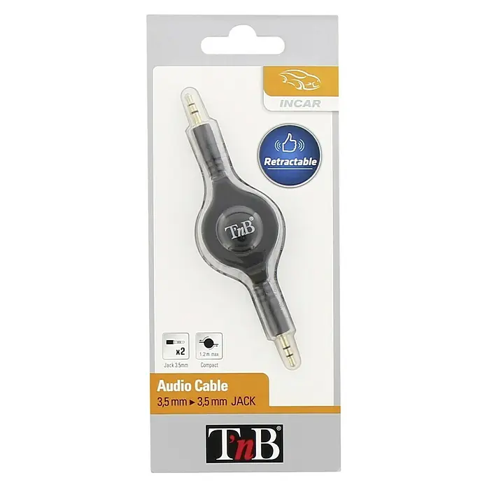 T'nB Cable jack - Largo: 100 cm - Embalaje del producto de un cable de audio negro retráctil con conector de 3,5 mm de TnB, con información.