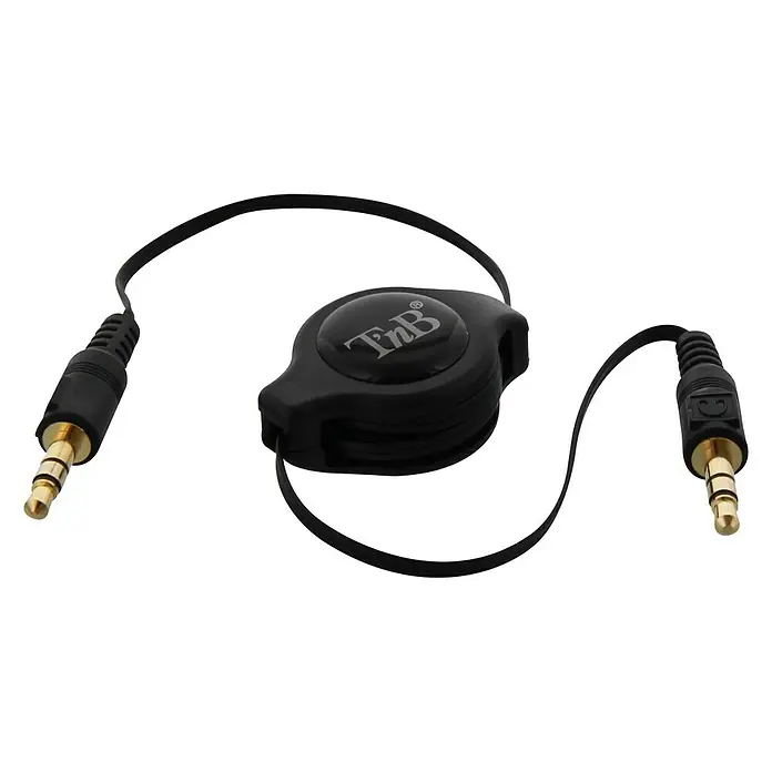 T'nB Cable jack - Largo: 100 cm - Imagen de un cable de audio TNB retráctil negro, con dos conectores jack de 3,5 mm.