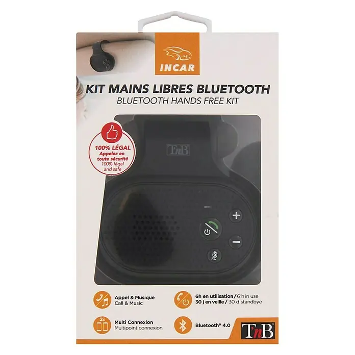 T'nB Kit manos libres - Micrófono - Imagen de un embalaje para un kit manos libres Bluetooth Incar con todas las especificaciones y características.
