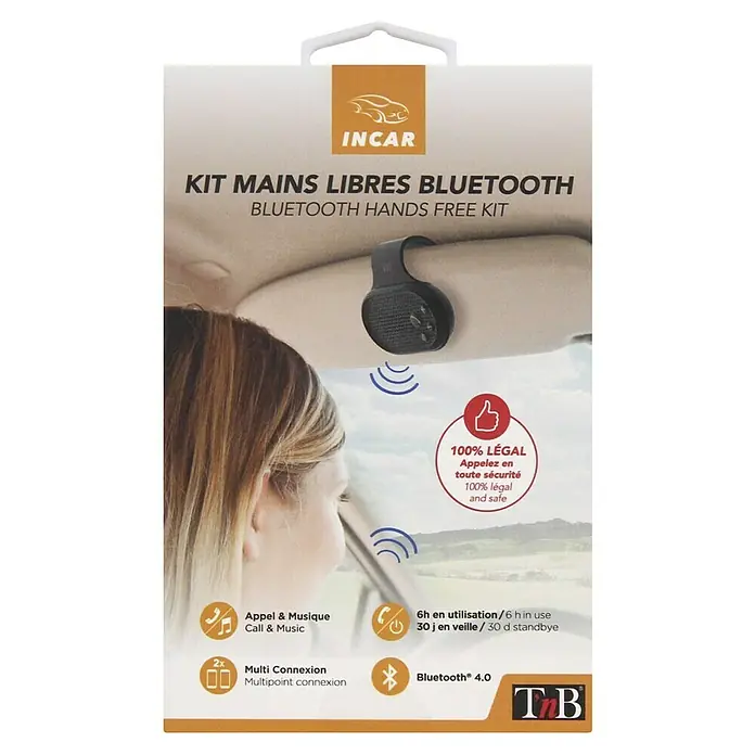 T'nB Kit manos libres - Micrófono - Embalaje de un kit manos libres Bluetooth Incar, seguro y fácil de usar, permite llamadas y música.