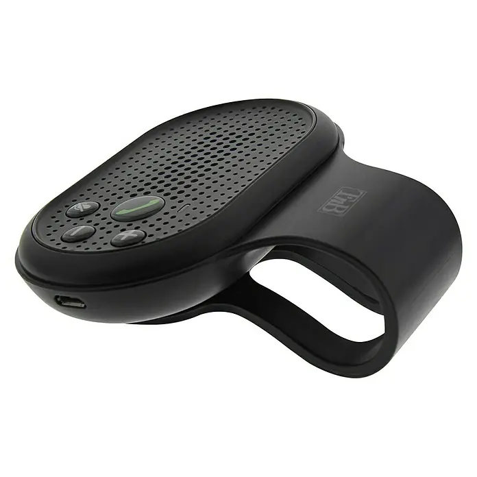 T'nB Kit manos libres - Micrófono - Imagen de un dispositivo manos libres negro para coche con altavoz, micrófono y botones para contestar llamadas y control de volumen.