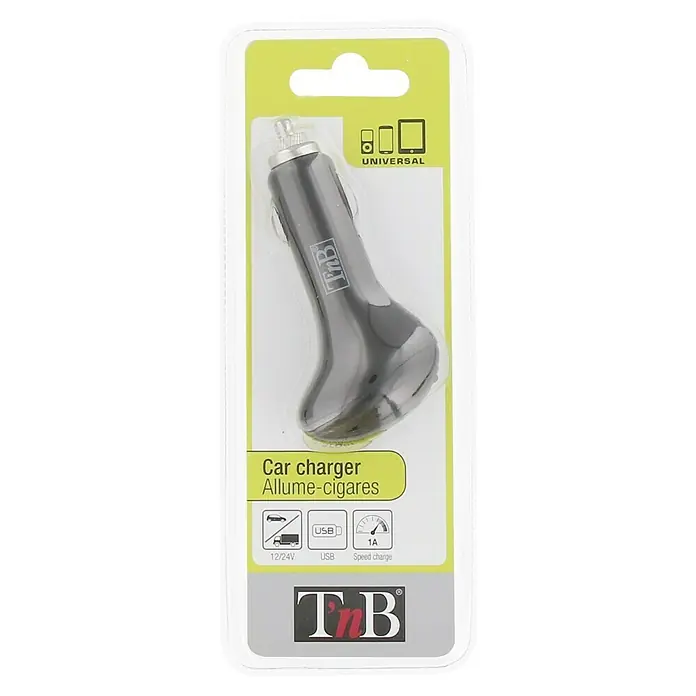 T'nB Cargador rápido - Negro, Toma USB - La imagen muestra un cargador de coche universal "Allume-cigares" de TB en un paquete transparente con un fondo amarillo.