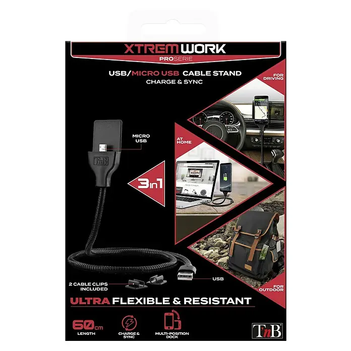 T'nB Cable USB - Largo: 60 cm - Paquete de producto para un cable USB/Micro USB XTREM WORK con soporte de cable flexible para cargar y sincronizar.