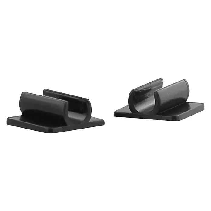 T'nB Cable USB - Largo: 60 cm - Primer plano de dos clips de cable negros autoadhesivos para la organización y gestión de cables sobre un fondo negro.