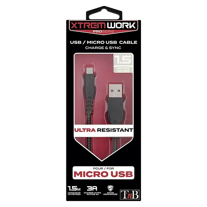 T'nB Cable de carga USB - Negro, Clavija USB A, 1,5 m - Imagen de un cable USB/Micro USB XTREM WORK Pro Series para cargar y sincronizar, de 1,5 metros de largo y ultrarresistente.