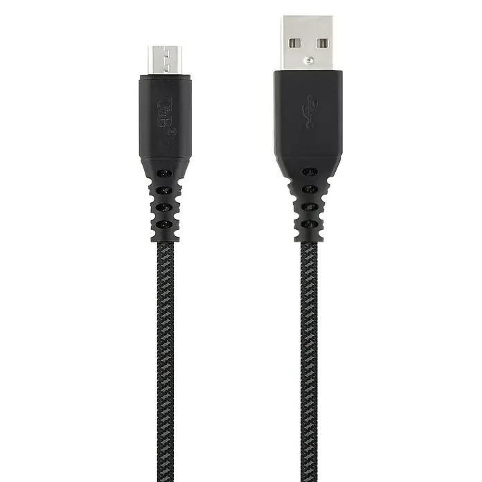 T'nB Cable de carga USB - Negro, Clavija USB A, 1,5 m - Imagen de un cable USB T&B, con conectores Micro-USB y USB estándar, diseñado para cargar y sincronizar dispositivos de forma eficaz.