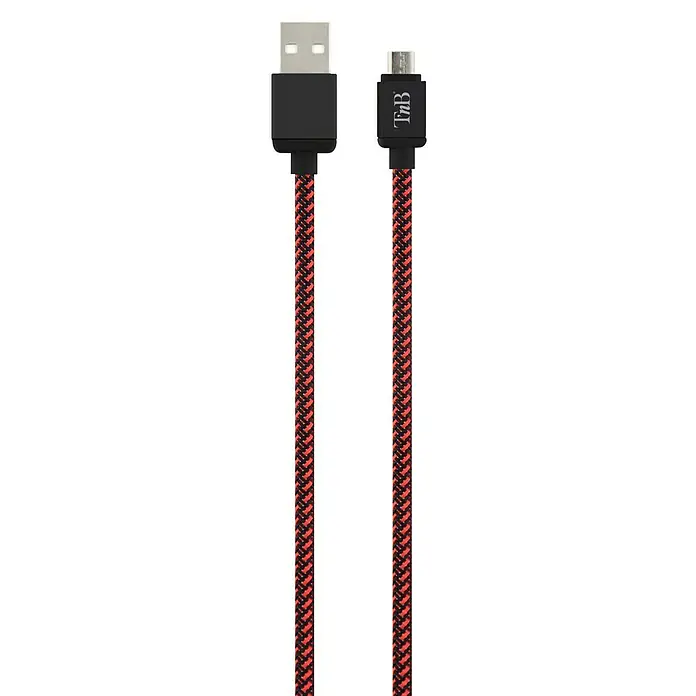 T'nB Cable USB - Largo: 3 m, 1 x Micro USB - Un cable USB rojo y negro con conector USB-A y Micro-USB, ideal para cargar y transferir datos.