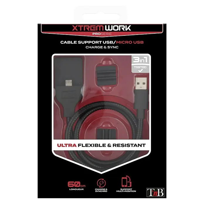 T'nB Cable USB - Largo: 3 m, 1 x Micro USB - El cable USB/Micro USB 3 en 1 XTREM WORK Proserie para cargar y sincronizar es ultra flexible y resistente, con una longitud de 60 cm.