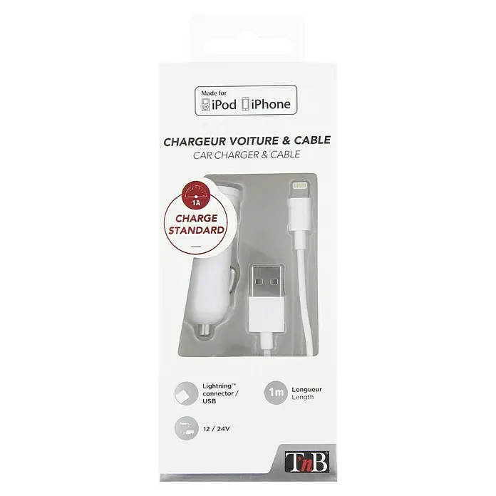 T'nB Cargador rápido - Encendedor de cigarrillos 12 V - Embalaje para un cargador de coche y cable para iPods y iPhones. El cargador proporciona 1A de corriente de carga. La longitud del cable es de 1 metro.