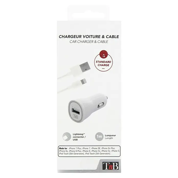 T'nB Cargador rápido - Encendedor de cigarrillos 12 V - Imagen de un cargador de coche con conector Lightning y USB y cable de 1 m, compatible con varios modelos de iPhone e iPod.
