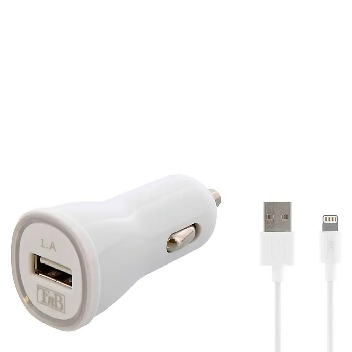 T'nB Cargador rápido - Encendedor de cigarrillos 12 V - Cargador USB blanco para coche con cable Lightning para una carga rápida y eficiente sobre la marcha.