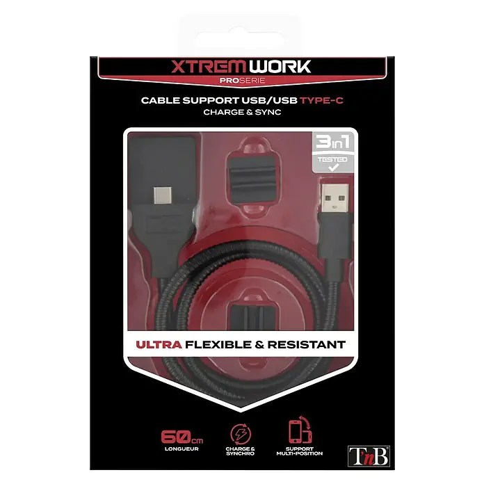 T'nB Cable USB - Largo: 60 cm, Conexión USB-C - Embalaje del cable USB/USB tipo C XTREM WORK, compatible con carga y sincronización, ultra flexible y resistente.