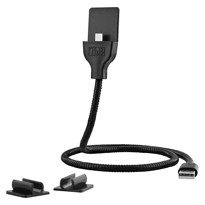 T'nB Cable USB - Largo: 60 cm, Conexión USB-C - La imagen muestra un soporte para teléfono T'nB negro con un brazo flexible, un conector USB y dos clips de montaje.