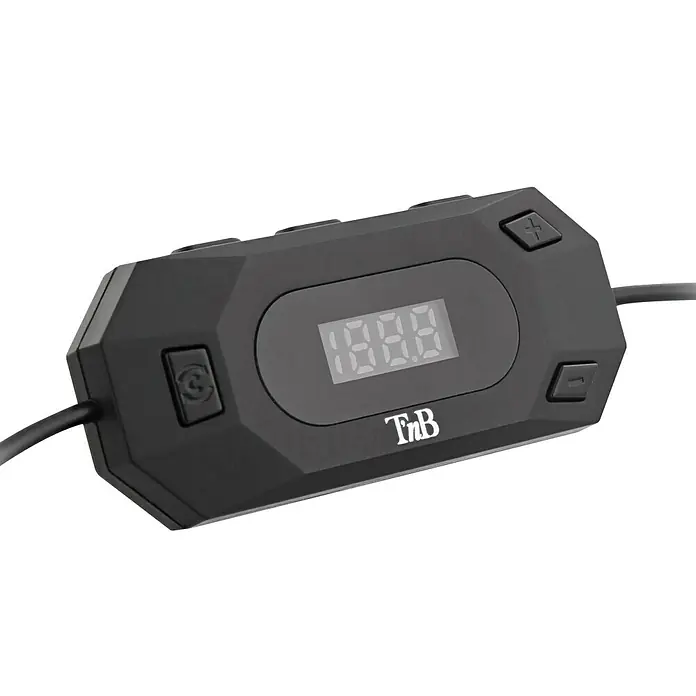 T'nB Radiotransmisor - Apto para: Coche, Toma de carga USB 5 V/2,1 A - Primer plano del mando a distancia en línea TNB negro, con botones y pantalla.