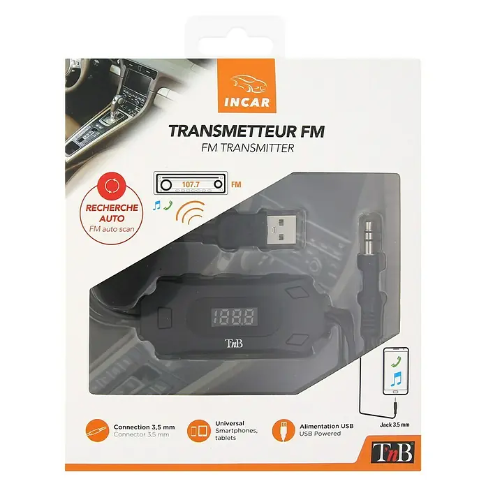 T'nB Radiotransmisor - Apto para: Coche, Toma de carga USB 5 V/2,1 A - Imagen de un transmisor FM Incar/TNB. El dispositivo permite reproducir música desde smartphones y tabletas en la radio del coche.