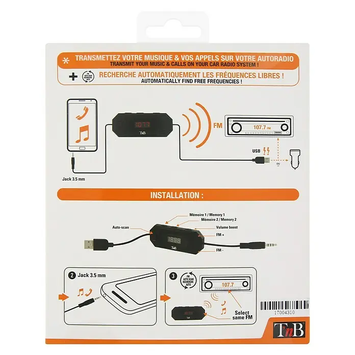 T'nB Radiotransmisor - Apto para: Coche, Toma de carga USB 5 V/2,1 A - Embalaje del producto: Transmisor FM para música en el coche con búsqueda automática de frecuencias para un sonido óptimo.