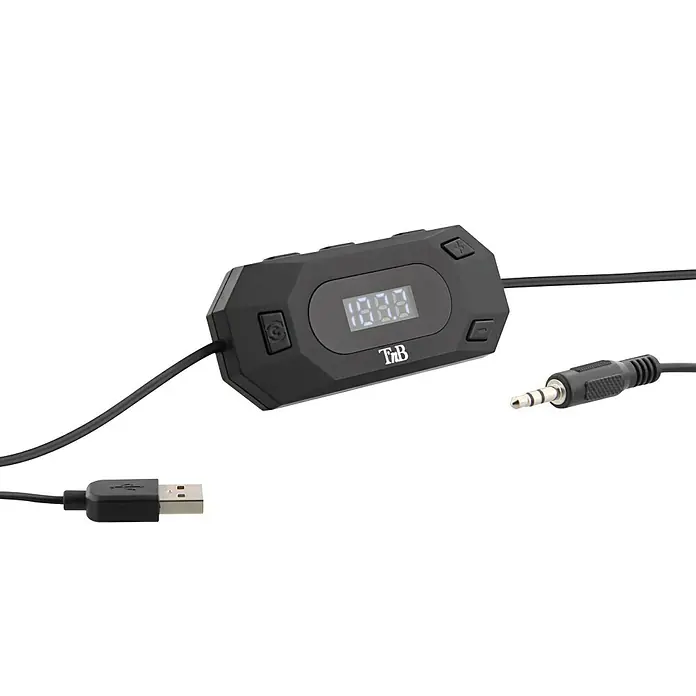 T'nB Radiotransmisor - Apto para: Coche, Toma de carga USB 5 V/2,1 A - Primer plano de la tarjeta de sonido USB Gaming T'nB con cables y conectores. Cuenta con una pantalla digital y controles.