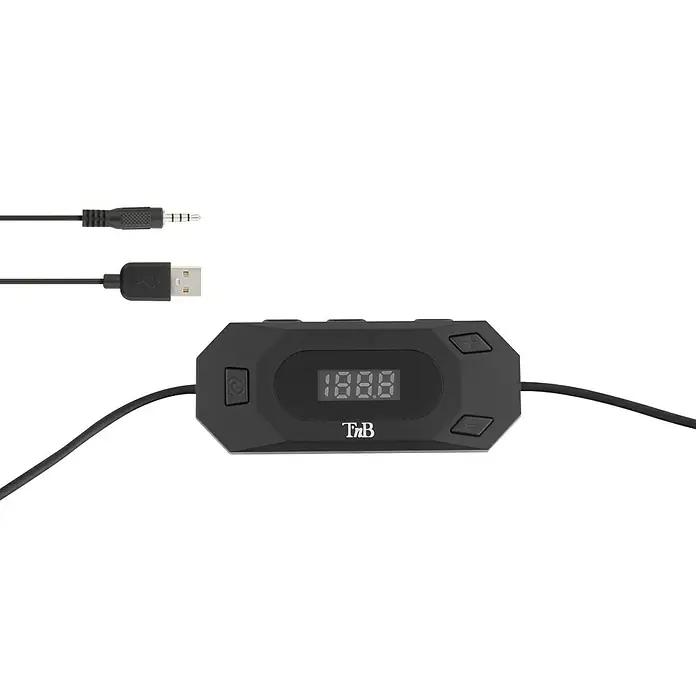 T'nB Radiotransmisor - Apto para: Coche, Toma de carga USB 5 V/2,1 A - Primer plano del controlador de audio TnB con cables, con una pantalla clara y controles precisos para una experiencia sonora óptima.