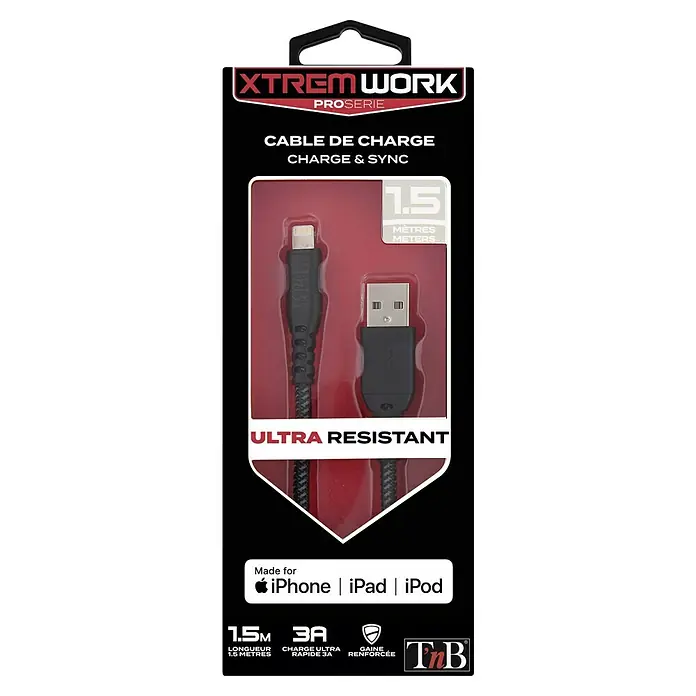 T'nB Cable de carga USB XTREMWORK - Negro, 1,5 m, Clavija USB A - Embalaje de un cable de carga y sincronización XTREM WORK Pro Series, compatible con iPhone, iPad y iPod, con una longitud de 1,5 metros.