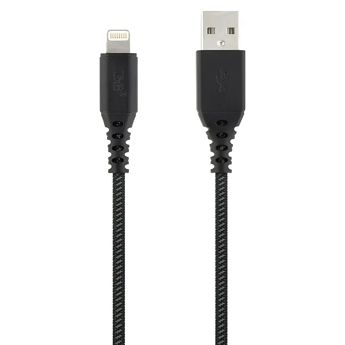 T'nB Cable de carga USB XTREMWORK - Negro, 1,5 m, Clavija USB A - La imagen muestra un cable negro Lightning a USB con cubierta trenzada y conectores reforzados para una mayor durabilidad.