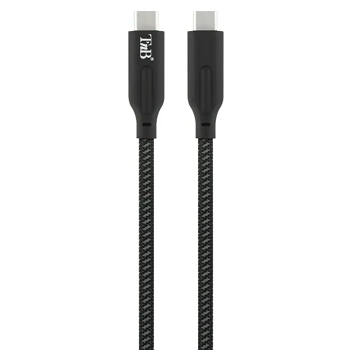 T'nB Cable USB - Largo: 1 m - Primer plano de un cable USB-C de TnB, con cubierta de cable trenzada y conectores negros, sobre un fondo negro.